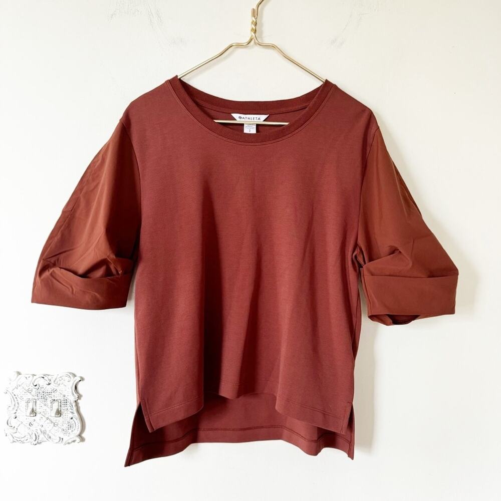 NWOT Athleta Harlow Puff Sleeve Hybrid Tee S Rust Brown - Picture 5 of 10